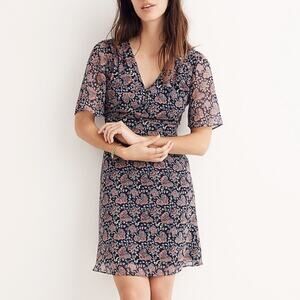 NWT Madewell Orchard Flutter Sleeve Dress Blue Pink Chiffon Fit & Flare $150